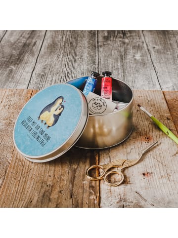 Mr. & Mrs. Panda Keksdose Pinguin umarmen mit Spruch in Eisblau