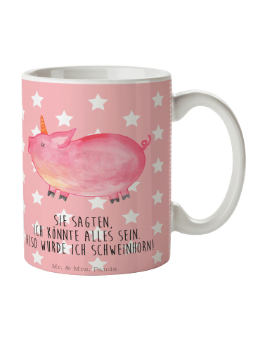 Mr. & Mrs. Panda Keramiktasse Einhorn Schwein mit Spruch in Rot Pastell