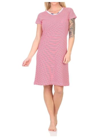 NORMANN Kurzarm Nachthemd Streifenoptik Spitzenbesatz - 85654 in rot