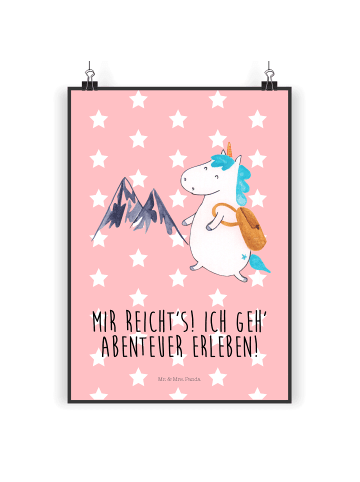 Mr. & Mrs. Panda Poster Einhorn Bergsteiger mit Spruch in Rot Pastell