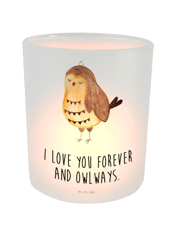 Mr. & Mrs. Panda Glas Windlicht Eule Zufrieden mit Spruch in Transparent