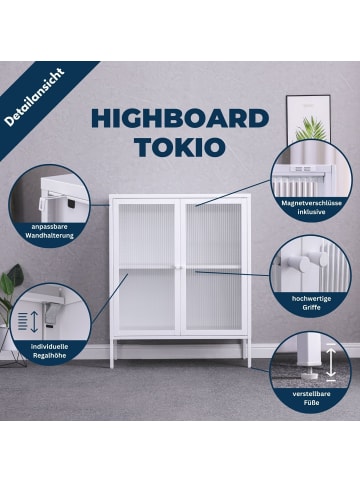 Coemo Highboard Tokio aus Metall mit Glastüren in Weiß