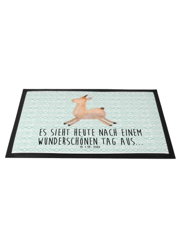 Mr. & Mrs. Panda Fussmatte Lama Springen mit Spruch in Aztekenblau