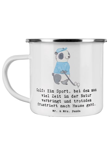Mr. & Mrs. Panda Camping Emaille Tasse Golf Erlebnis mit Spruch in Weiß
