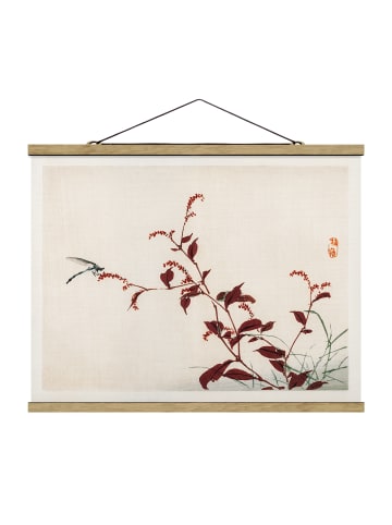 WALLART Stoffbild - Asiatische Vintage Zeichnung Roter Zweig mit Libelle in Rot