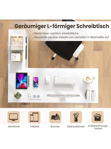 COSTWAY L-förmig Schreibtisch mit Steckdosen 131 x 106 cm in Weiß