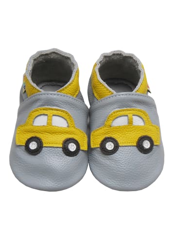 Yalion Hellgraue Babyschuhe aus echtem Leder mit rutschfester Sohle– gelbem Auto-Muster