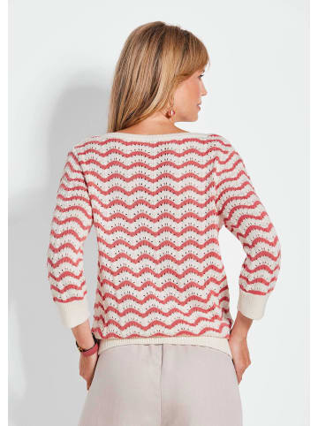 GOLDNER Kurzgröße:  Ringelpullover 3/4-Arm, Ajourdetails in cremeweiß / koralle