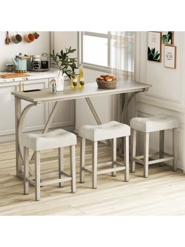 COSTWAY Bartisch Set Massivholz mit 3er Set Barhocker in Beige