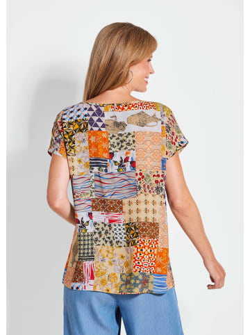 GOLDNER Kurzgröße:  Luftige Viskosebluse mit Patch-Print in gelb / gemustert