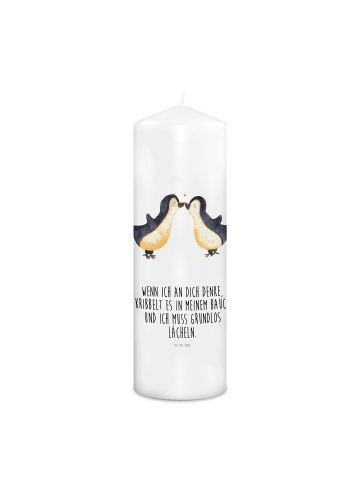 Mr. & Mrs. Panda Wachskerze Pinguine Kuss mit Spruch in Weiß