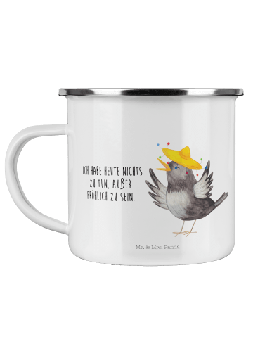 Mr. & Mrs. Panda Camping Emaille Tasse Rabe Sombrero mit Spruch in Weiß