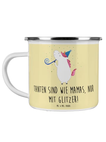 Mr. & Mrs. Panda Camping Emaille Tasse Glitzernde Tante mit Spruch in Gelb Pastell