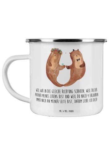 Mr. & Mrs. Panda Camping Emaille Tasse 4. Hochzeitstag Seidenhoc... in Weiß
