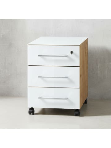 KADIMA DESIGN Rollcontainer Glasfront Schubladen Soft-Close in Chalet-Eiche-Nb.-Weiß