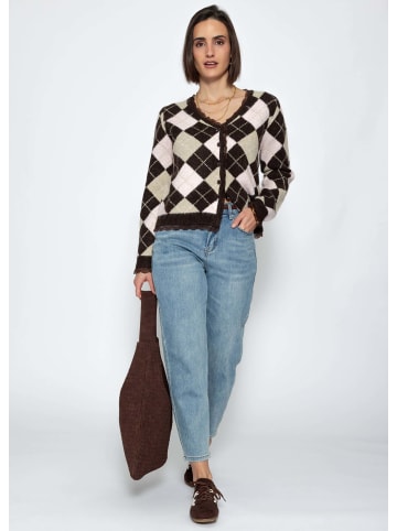 SASSYCLASSY Strickjacke mit Rautenmuster und Spitzenborte in Braun