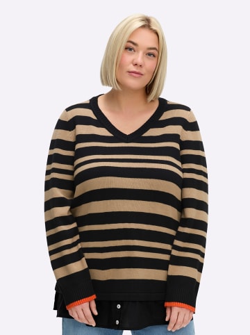 sheego Pullover in schwarz-beige-gestreift