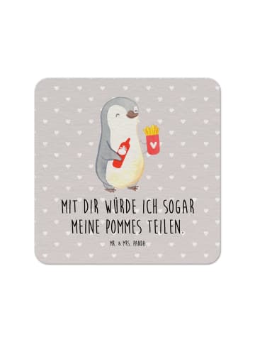 Mr. & Mrs. Panda Glasuntersetzer Pinguin Pommes mit Spruch in Grau Pastell