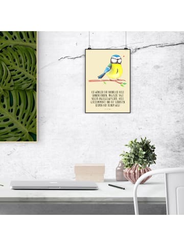 Mr. & Mrs. Panda Wandbild Vogel Blaumeise mit Spruch in Blumig