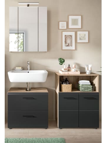 Inn.Furn Badmöbel-Set 3-teilig schwarz matt, Eiche Nox, Badkombination 135 x 185 cm