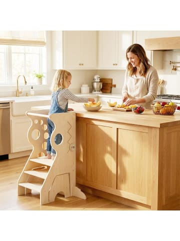 COSTWAY 3 in 1 Lernturm mit Hocker ab 3 Jahren in Hellbraun