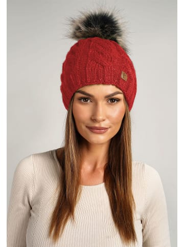 Faera Warmes Beanie mit Kunstfell Bommel Zopfmuster in Pink