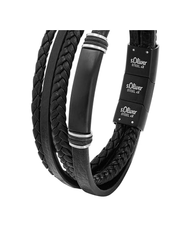 s.Oliver Armband Edelstahl, IP Schwarz, Leder in Schwarz