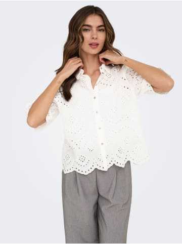 ONLY Kurzarm Bluse Kentkragen Knopfleiste Bestickt in Weiß