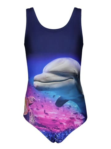 Aquarti Mädchen Badeanzug mit Ringerrücken Print in dunkelblau