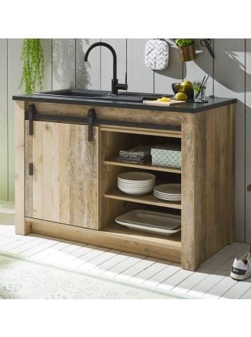 Furn.Design Küchenunterschrank Used Wood, anthrazit 133 cm, Schrank für Spüle / Ceranfeld