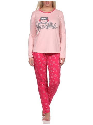 NORMANN Lange Pyjama Schlafanzug Rundhals und Eulen - 80047 in rosa