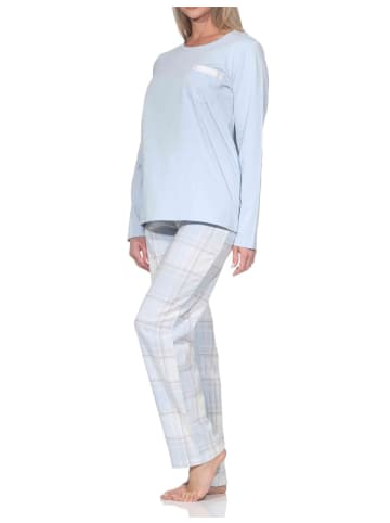 NORMANN Schlafanzug langarm karierte Flanell Schlafhose in hellblau