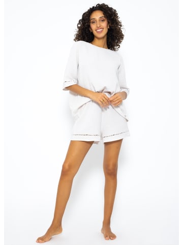 SASSYCLASSY Musselin Pyjamashirt mit Spitzenborte in Hellbeige