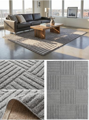 KADIMA DESIGN Hochflorteppich 3D Bögen Boho Waschbar Wohnzimmer in Silber