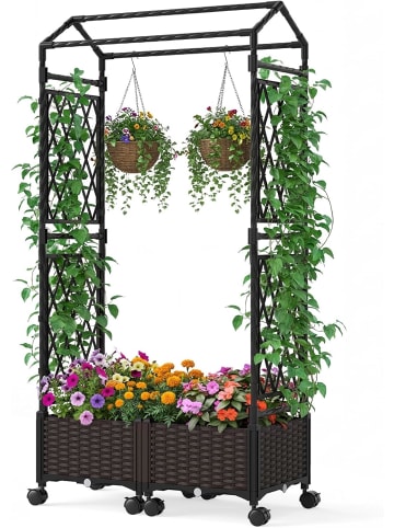COSTWAY Blumenkasten mit Rankgitter & Dach 2 in 1 in Braun
