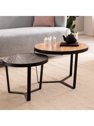 KADIMA DESIGN Couchtisch 2er Set Akazie Massivholz / Steinoptik Wohnzimmertisch