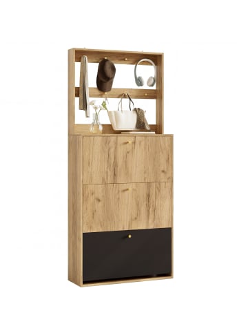 ABRIHOME Schuhschrank in Natur Schwarz 75x24x180 cm mit Haken 3 Klappfächern