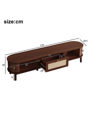 ABRIHOME TV-Schrank in Walnussfarbene mit Naturholztüren und Rattan-Schubladen