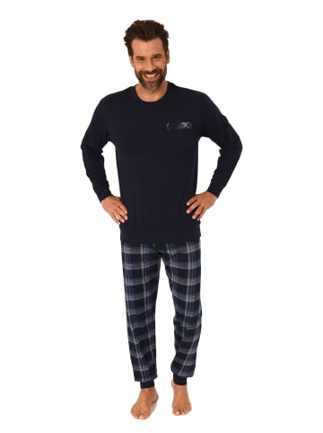 NORMANN langarm Schlafanzug Pyjama Bündchen und karierter Jersey Hose in navy