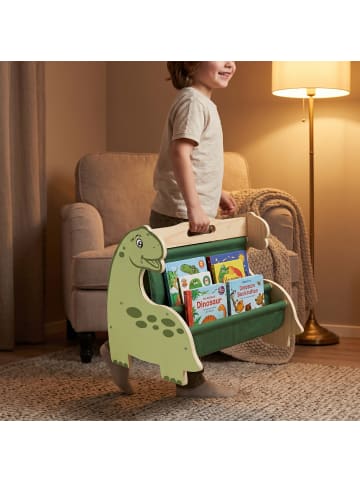 relaxdays Bücherregal Kinder "Dino" in Grün/ Natur - (B)44 x (H)34 x (T)31 cm