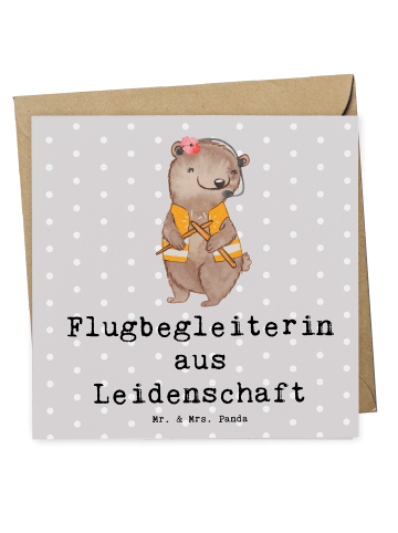Mr. & Mrs. Panda Grußkarte Flugbegleiterin Leidenschaft mit Spruch in Grau Pastell