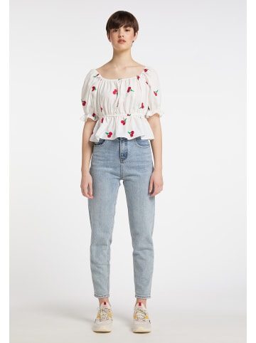myMo Damen Bestickte Cropped-Bluse in Weiss Rosa