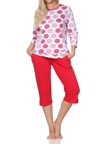 NORMANN Kurzarm Capri Schlafanzug Pyjama Tupfen Punkte Look in rot
