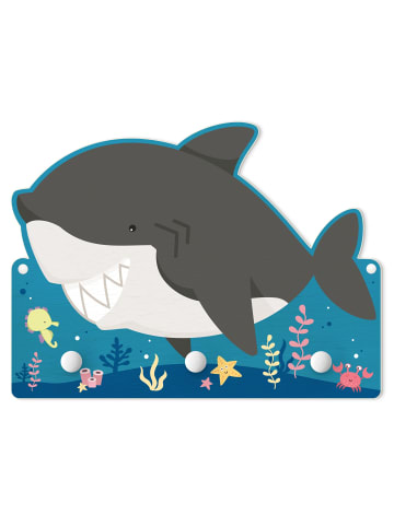 WALLART Kindergarderobe Holz - Grinsender Hai im Meer in Grau