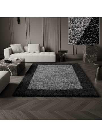 KADIMA DESIGN Teppich Hochflor Shaggy Waschbar Bordüre RHEIN Strapazierfähig in Anthrazit