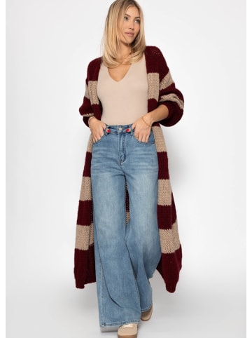 SASSYCLASSY Extra langer Cardigan mit Blockstreifen in Burgundy