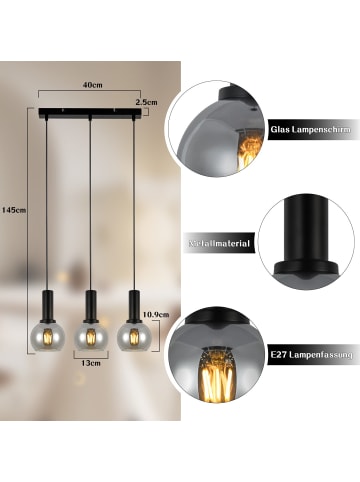 ZMH Pendelleuchte in Schwarz und rauchgrau 3-flammige E27 Glas und Metall