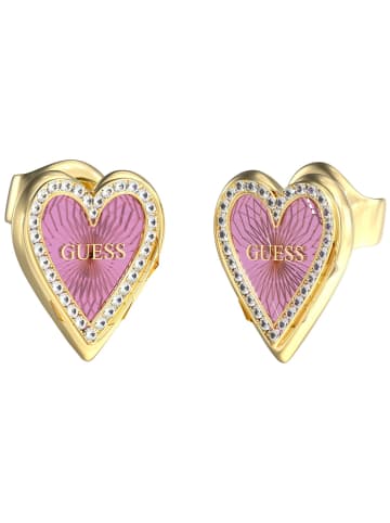 Guess Damen-Ohrstecker Herz Ohrringe Goldfarben Pink