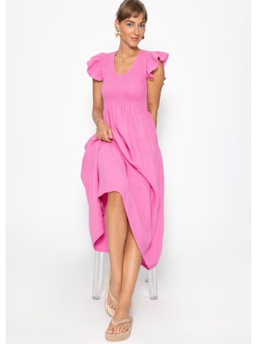 SASSYCLASSY Maxi Musselin Kleid mit Volants und Flügelärmel in Pink