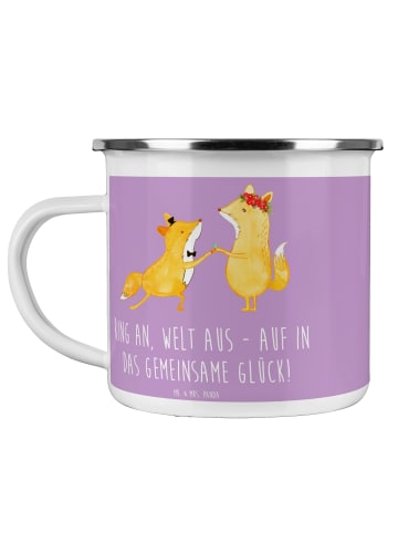 Mr. & Mrs. Panda Camping Emaille Tasse Verlobung Glück mit Spruch in Lavendeltraum